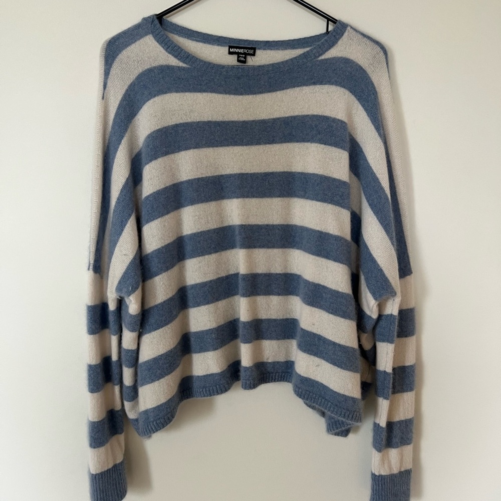 Minnie Rose Cashmere Blue and Cream Striped Sweater